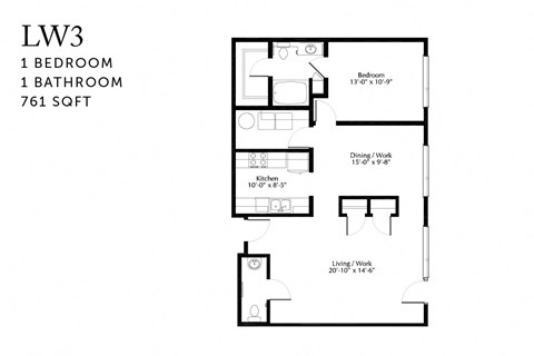 Floor plan for 1 bed, 1.5 baths, 761 sqft